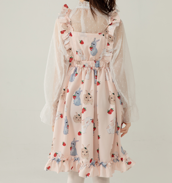 Sweet Lolita Rabbit Print Suspender Dress with Strawberry Pattern Kawaii Style Jumper Skirt